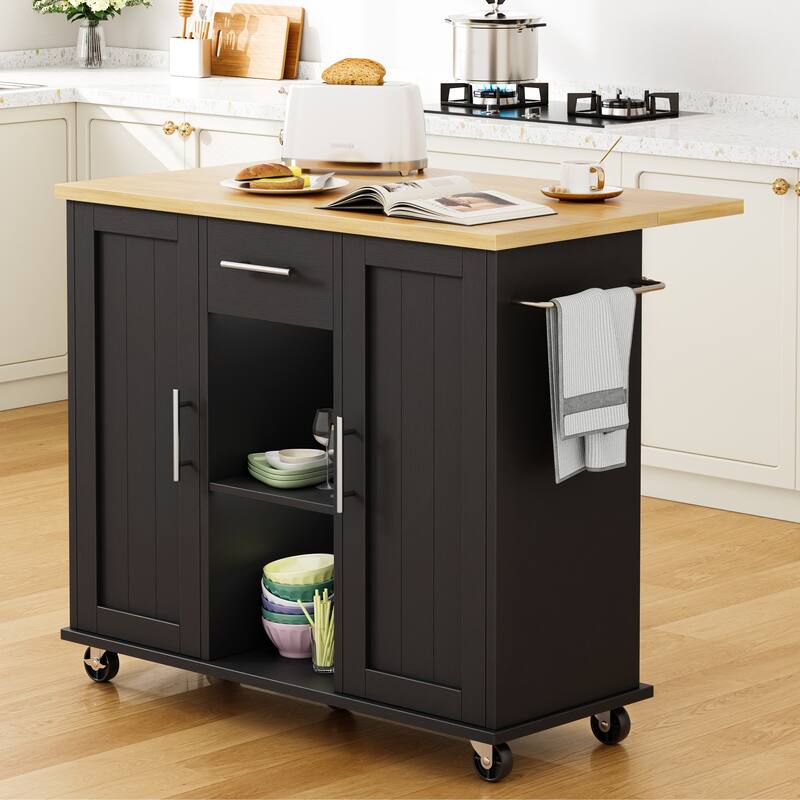Rolling Kitchen Island Cart with Open Shelf & Drop Countertop - N/A - Black