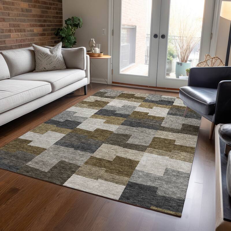 Machine Washable Indoor/ Outdoor Chantille Modern Blocks Rug - Brown - 9' x 12'