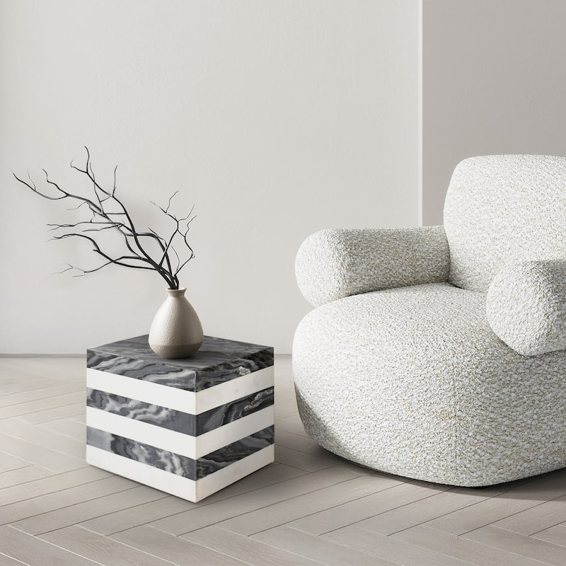 Evelyn 15" Contemporary Natural Marble Handmade Cube End Table, Gray/Beige, by JONATHAN Y.