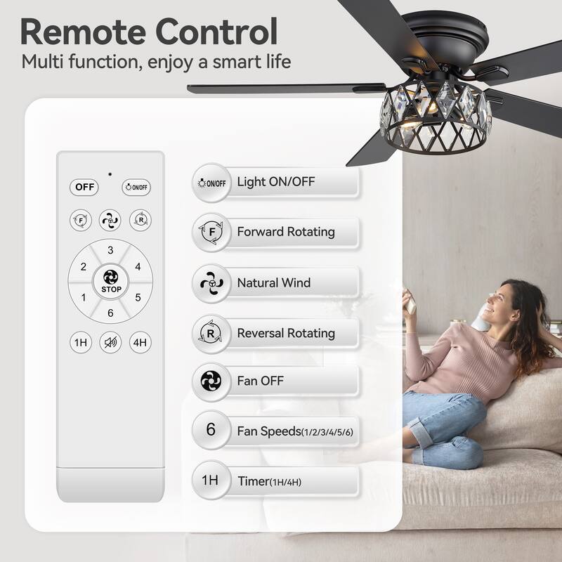 52" Flush Mount 5-Blade Modern Crystal Indoor Ceiling Fan with Light Kit and Remote