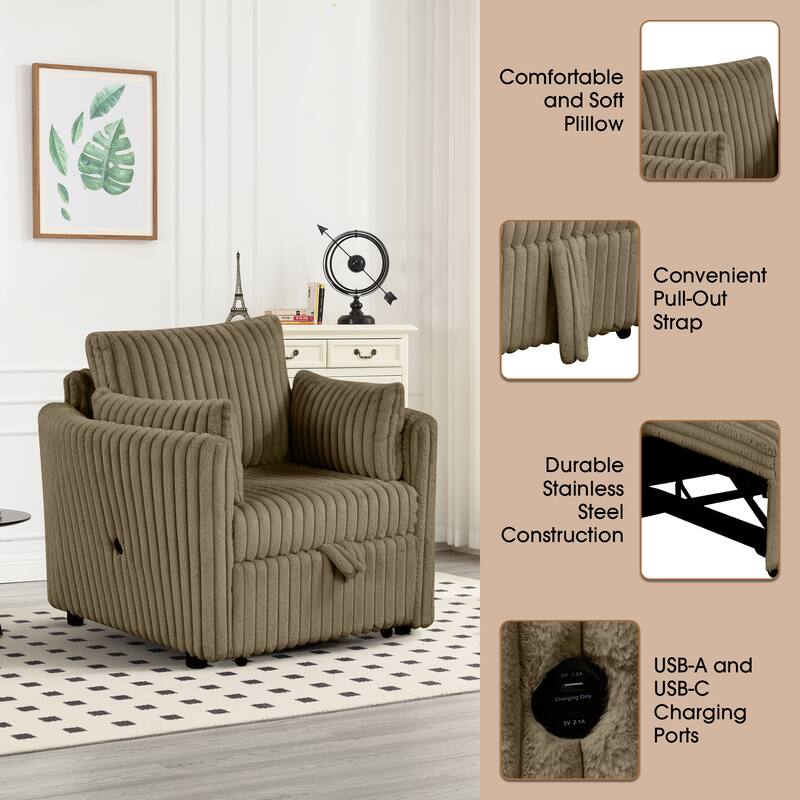 Modern Fabric Sleeper Single Sofa with USB and 2 pillows