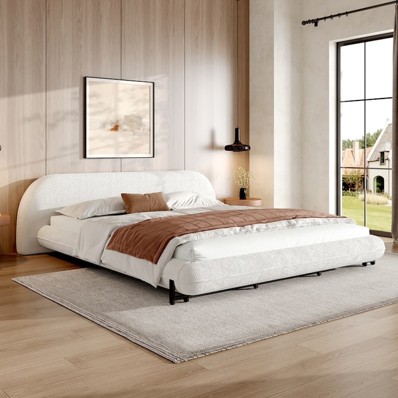Boucle Fabric Upholstered Platform Bed with Curve-Shaped Design