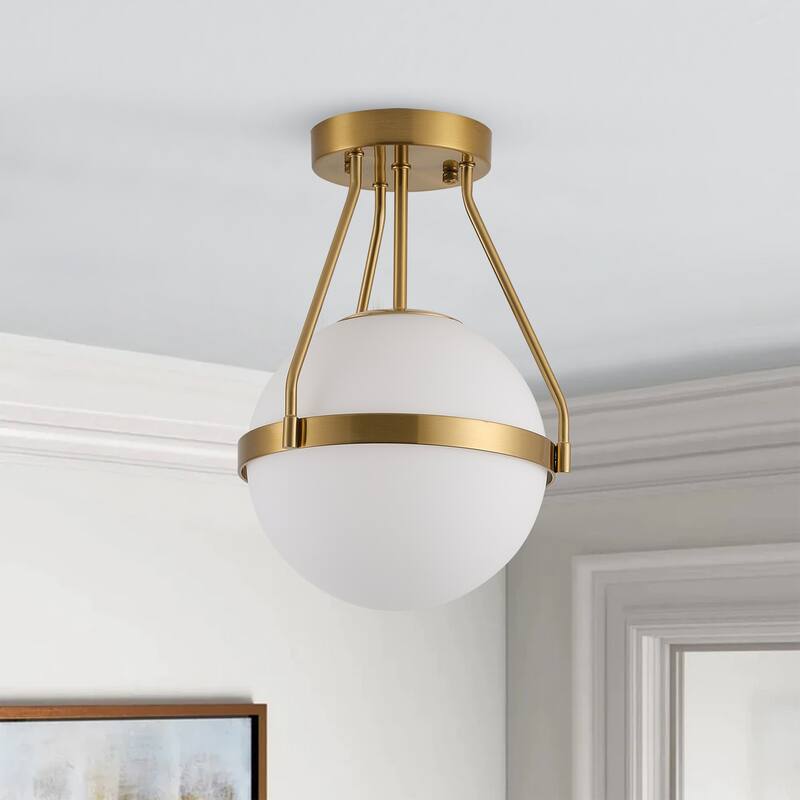 Brushed Brass 1-Light Semi Flush Mount Ceiling Light with White Globe Glass Shade