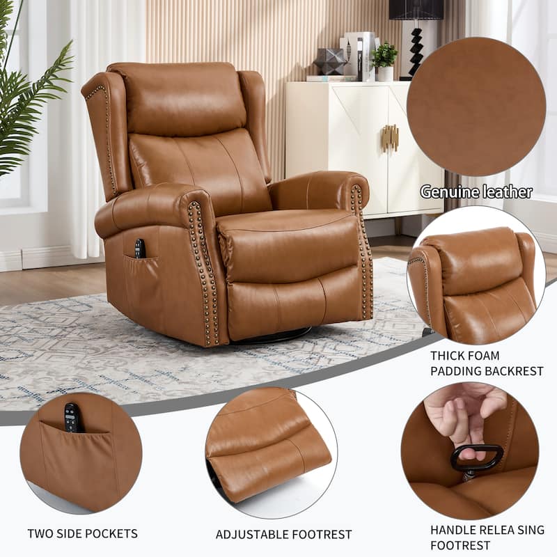 360° Swivel Rocking Recliner with Heat & Massage, Genuine Leather