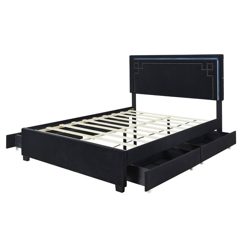 Black Queen Size Upholstered Platform Bed with 4 Drawers,LED Bed Frame