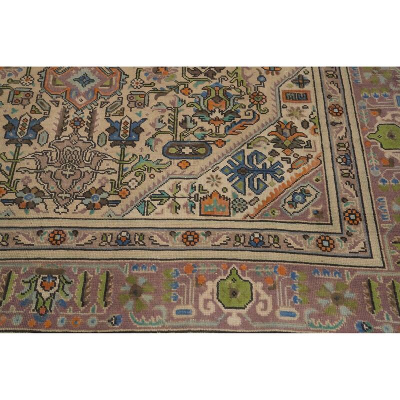 Hand Knotted Oriental 100% Wool Carpet Traditional Floral Beige & Ivories Tabriz Area Rug - 9' 6'' X 6' 5''