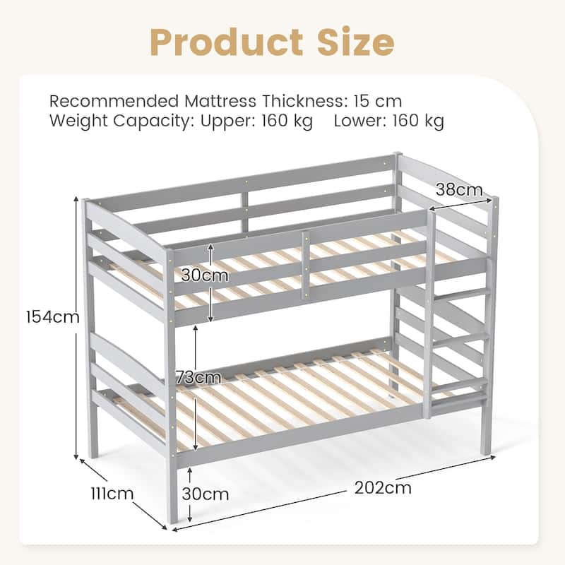 Solid Wood Twin Over Twin Bunk Bed with Guardrails and Ladder