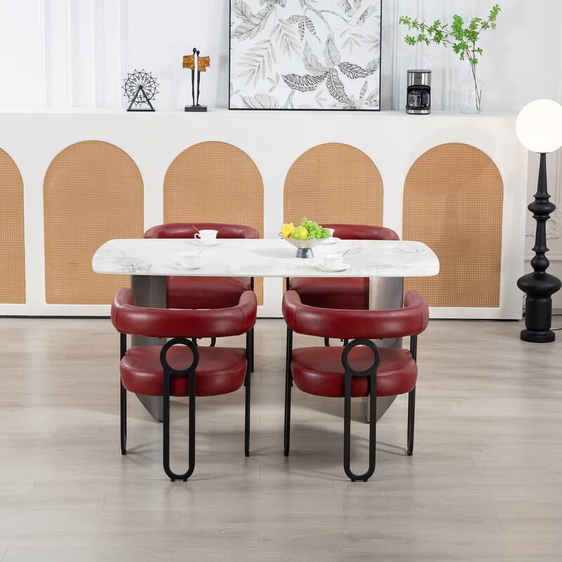Wine Red PU Upholstered Accent Chair Dining Chair Barrel Side Chairs Kitchen Armchair for Living Room Dressing Room Set of 4