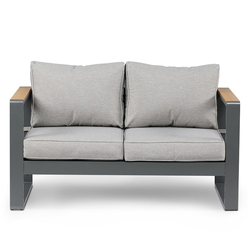 Aoodor Outdoor Aluminum Frame Loveseat with Grey Cushions, 53"W x 26"D x 26"H