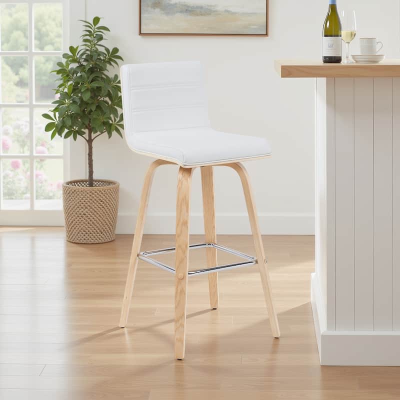 Skara Swivel Bar Stool, Upholstered Bar Height Chair with Bentwood Frame - White & Oak