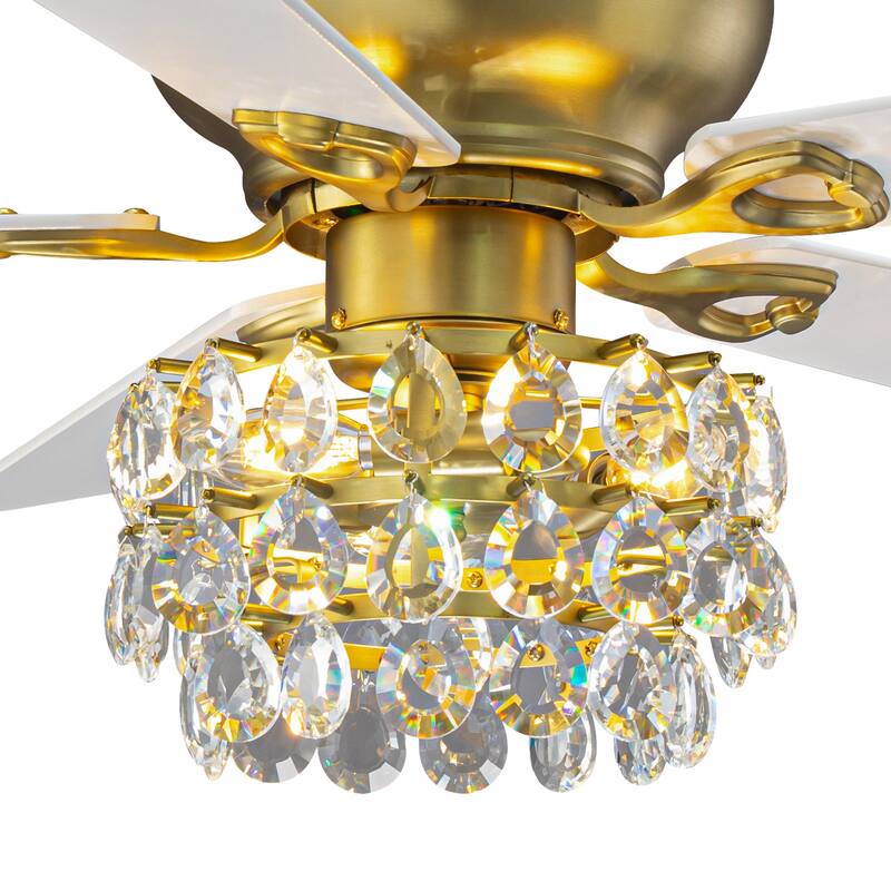 48-inch Modern Brass Crystal Low Profile Chandelier Ceiling Fan with Light and Remote Control - 48"Wx15.1"H