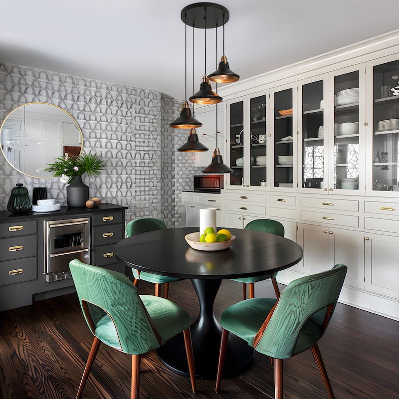 Modern Farmhouse 5-Light Black Brass Metal Chandelier with Bowl-Shaped Pendant Lights for Kitchen Dining Room - 20" D x 7" H