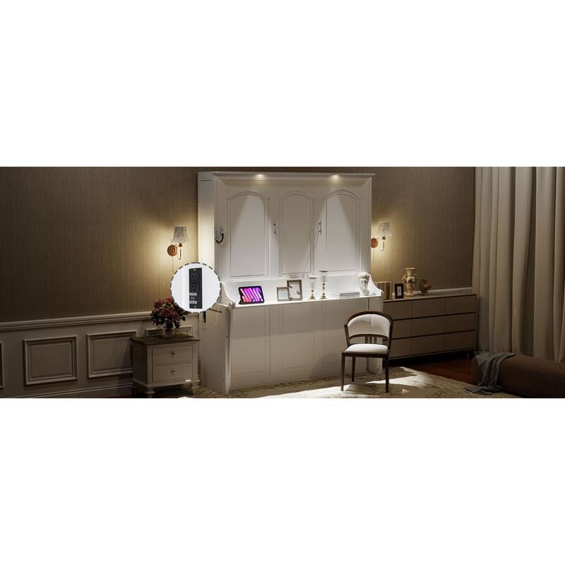 Roomfitters Queen Size Murphy Bed with Folding Desk and USB Charging Ports, Space-Saving Wall Bed with LED Lights