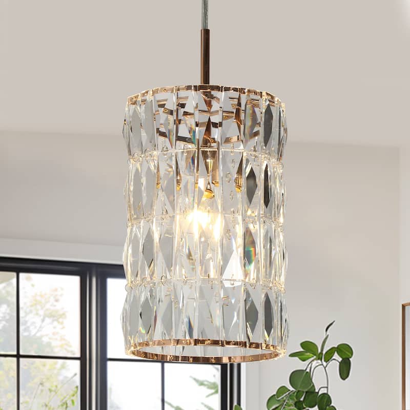 Modern Glam 1-Light Crystal Drum Island Pendant Rose Gold Island Lights for Dining Room - D7.9" x H73.7" Max