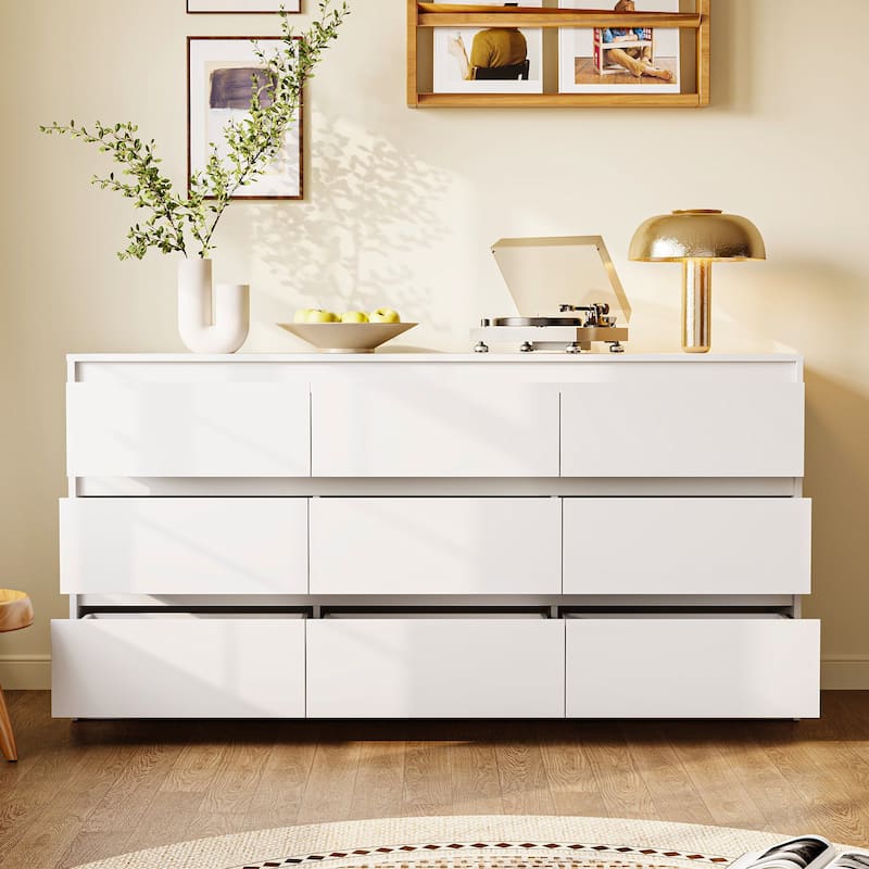 63" Modern 9-Drawer Dresser for Bedroom, Wide White Chest of Drawers, Large Storage Cabinet for Clothes Organization