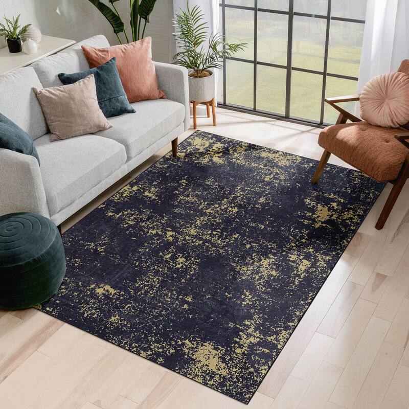 4x6 Area Rugs Machine Washable Rugs Living Room Rugs for Bedroom Laundry Room Kitchen Non Slip Carpet Abstract Soft - 6' x 7' - Black+Gold