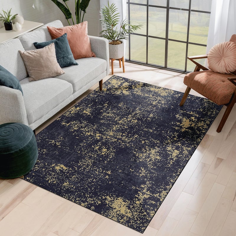 6x9 Area Rugs Machine Washable Rugs Living Room Rugs for Bedroom Laundry Room Kitchen Non Slip Carpet Abstract Soft - 6' x 7' - Black+Gold