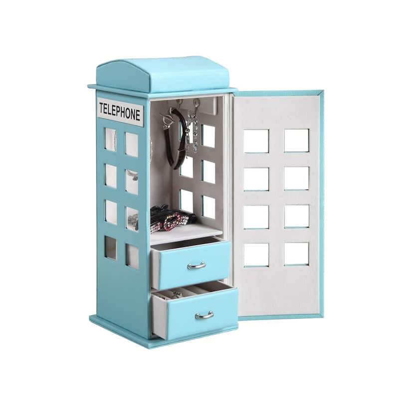 11.5" Tall Leather Jewelry Box, British Telephone Design, Pastel Blue - Blue