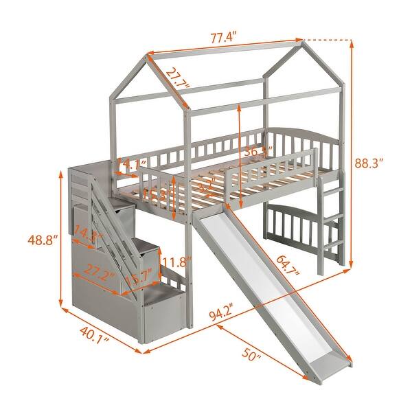 dimension image slide 0 of 2, Twin Size Loft Bed with House Roof, Storage Steps, Slide, Ladder and Guardrails, Stairway Platform Bed for Kids Boys Girls