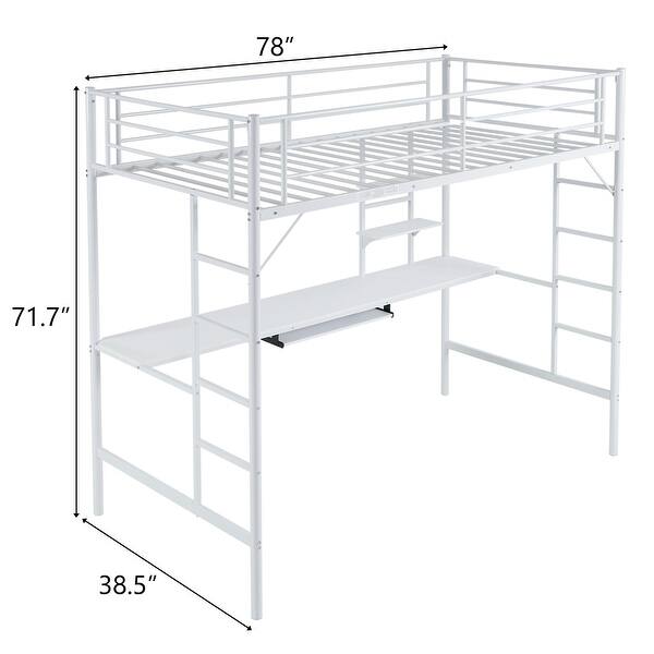 dimension image slide 1 of 2, Twin Size Metal Loft Bed with Desk and Storage Shelves
