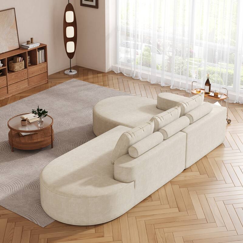 L Shaped Modular Curved Sectional Sofa, Chenille Upholstered 3 Seat Sofa, Corner Sofa with 3 Pillows for Living Room, Bedroom