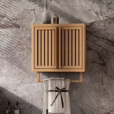 22" Tall Wood 2-door Bathroom Wall Mounted Toilet Storage box in Neutral with Shelf