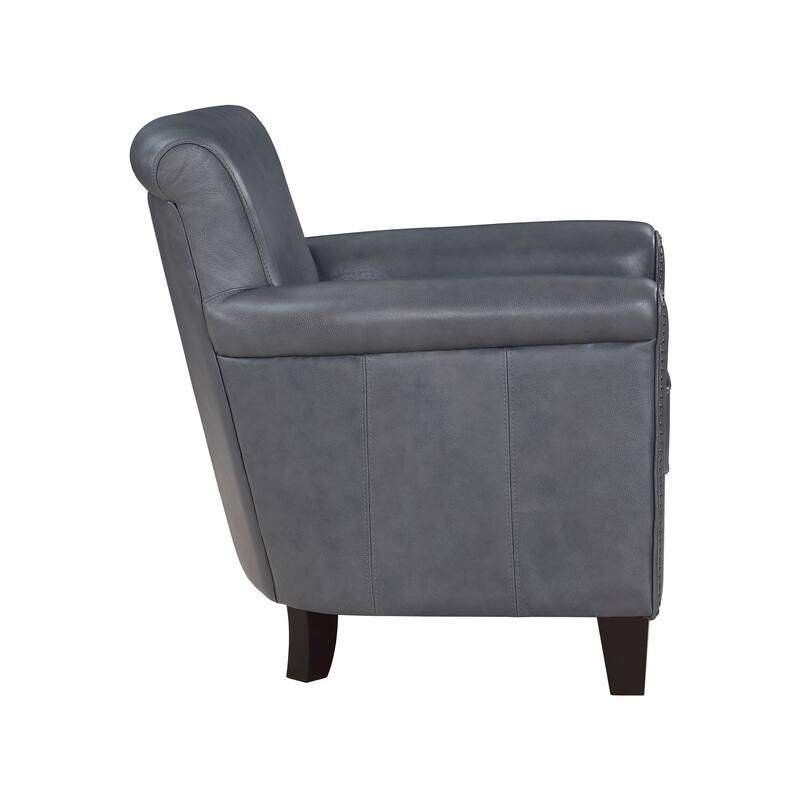 Tria 35 Inch Accent Chair, Gray Top Grain and Split Leather, Solid Wood