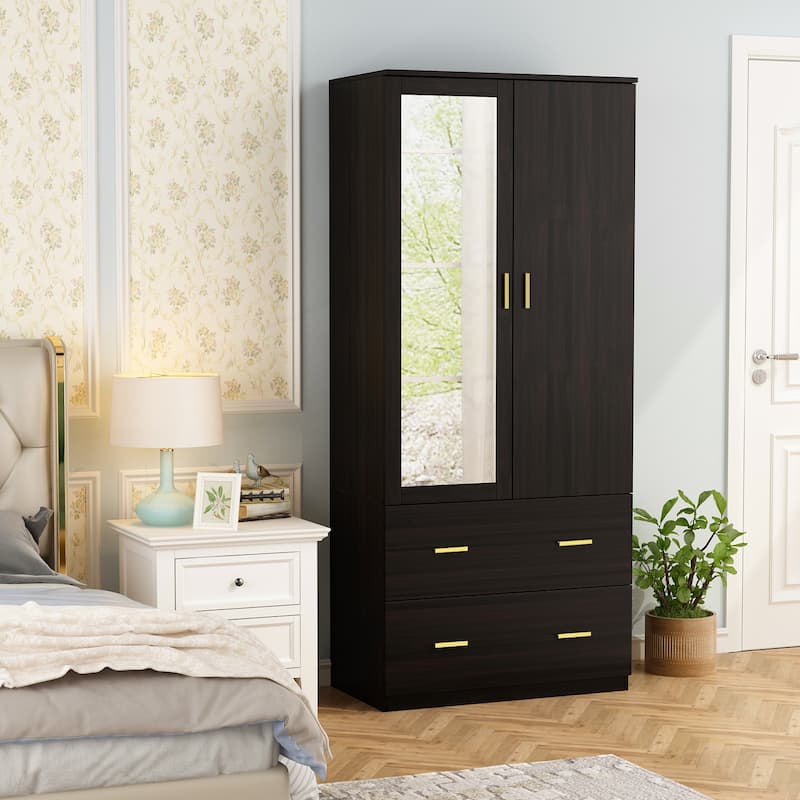 31.5"W x 72"H Two Door Wardrobe With Mirror White/Dark Brown Armoires - 31.5"W x 72"H