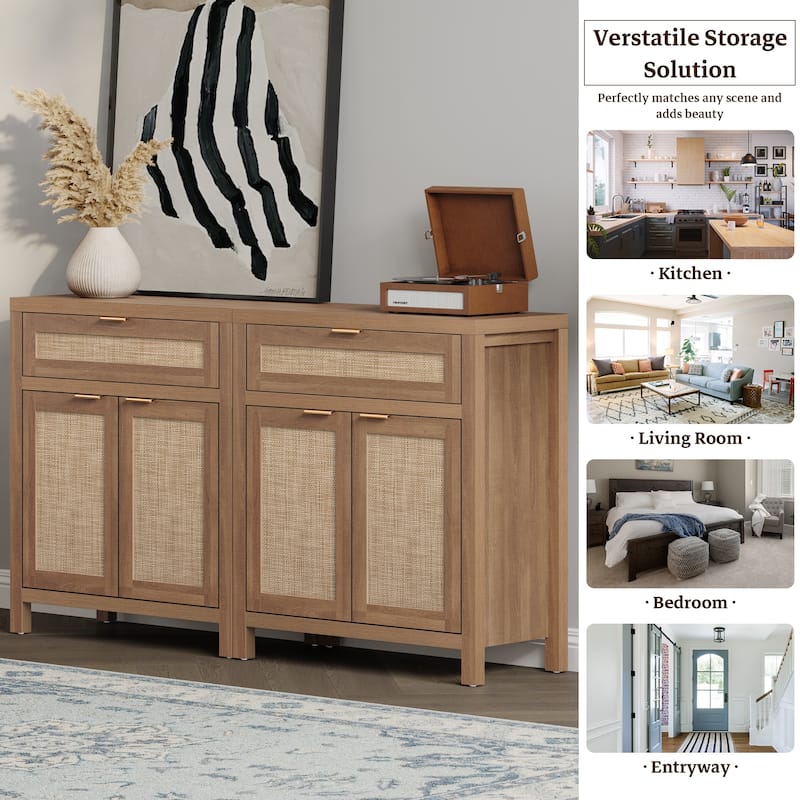 SICOTAS Farmhouse Rattan Sideboard Storage Cabinet with Drawer - N/A