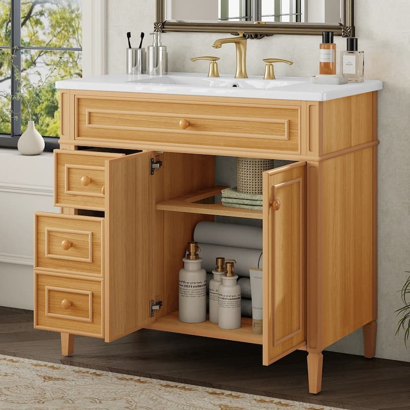 36" Bathroom Vanity with Sink, Solid Wood Frame Bathroom Storage Cabinet, Natural Wood - 36 Inch - Natural Wood - 36 Inch