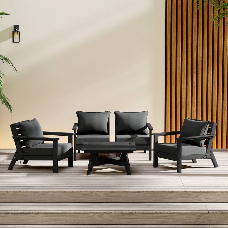 Birchwood All Weather HDPE Outdoor Patio Black Deep Seating Conversation Set (5-Piece Set) - Black/Gray