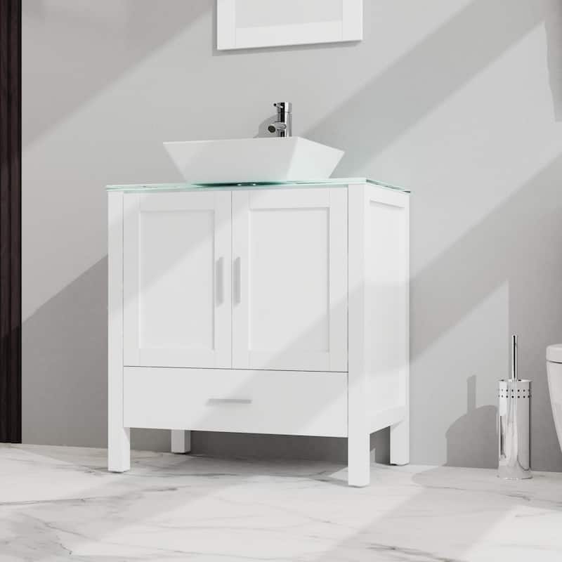 30" Bathroom Vanity Combo with Glass Top and Ceramic Sink, Soft-Close Cabinet and Drawer, Mirror Included