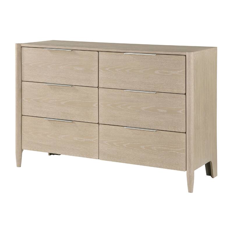 Maty Dresser, 58 Inch, 6 Drawers, Light Oak Brown Ceruse, Nickel Pulls