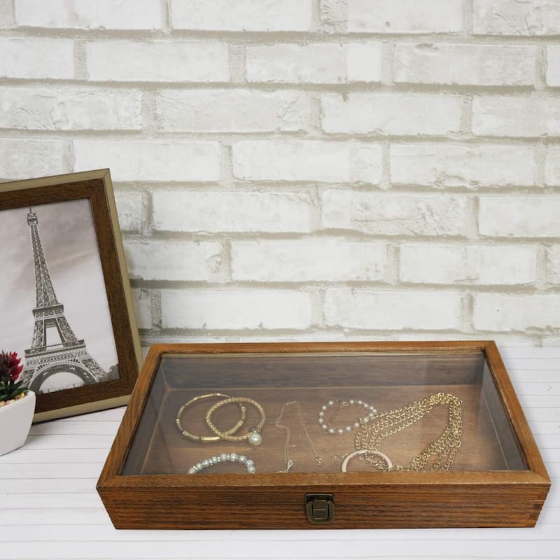 Wood Glass Top Jewelry Display Case Accessories Storage for Collectibles - S