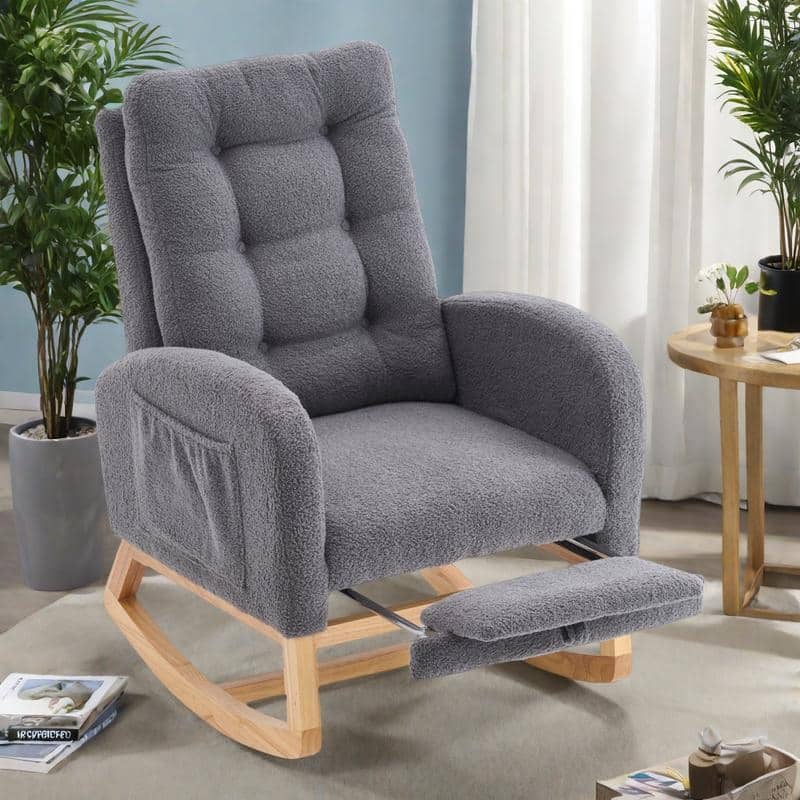 Plush Rocking Chair with Adjustable Footrest and Storage Pocket