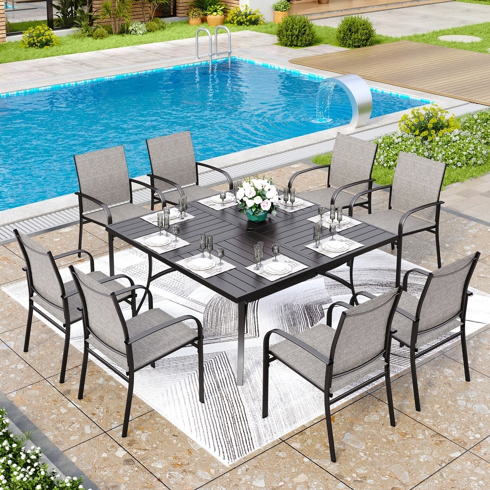 MAISON ARTS 9-Piece Patio Dining Set, 60 Inch Square Metal Table and 8 Textilene Dining Chairs