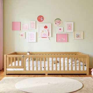 Wood Floor Bed with Safety Guardrails and Door