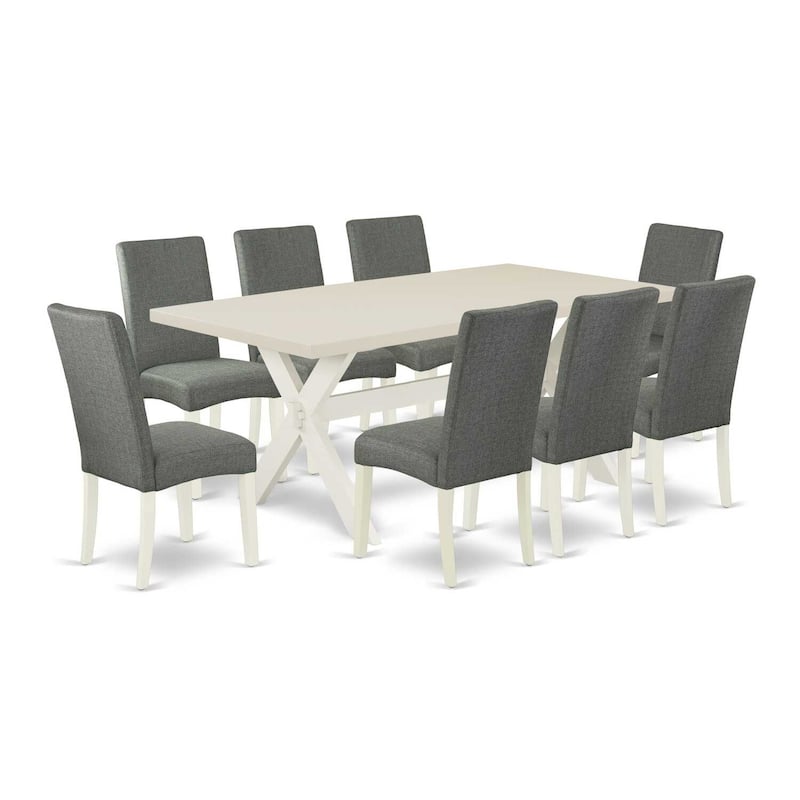 Small Dining Table Set with 8 Chairs - Modern Parsons Dining Room Set - Linen White Wood Table & Cream Upholstered Chairs