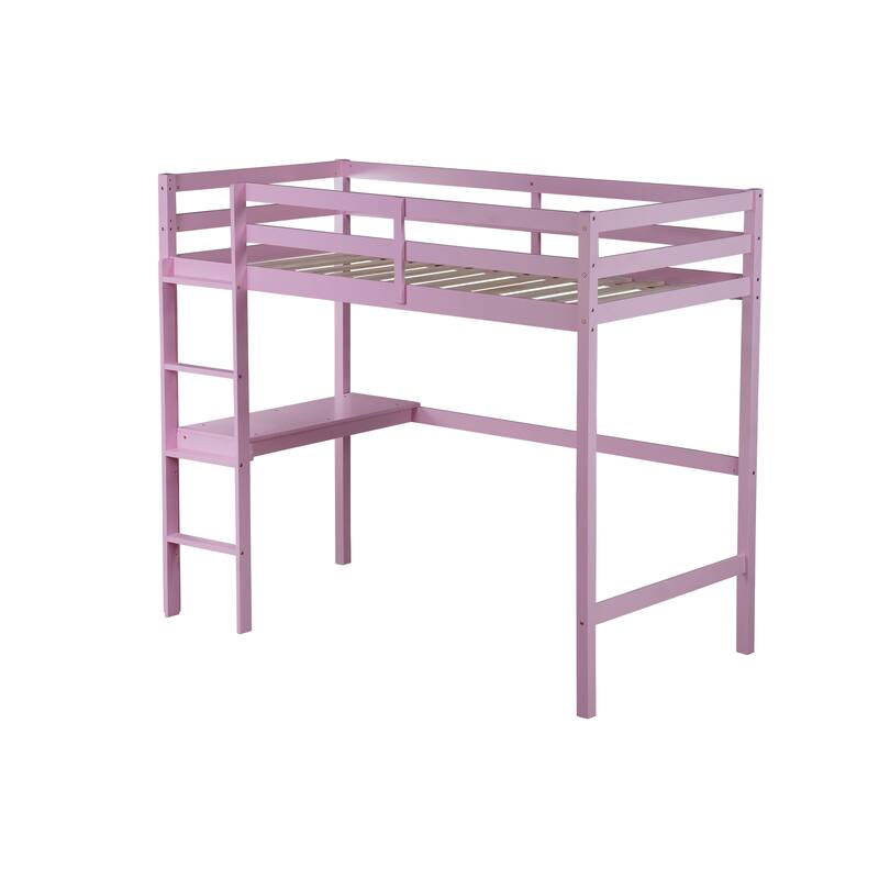 Pink Twin High Loft Bed with Safety Guardrail, Built-in Desk and Ladder, Rubber Wood Construction