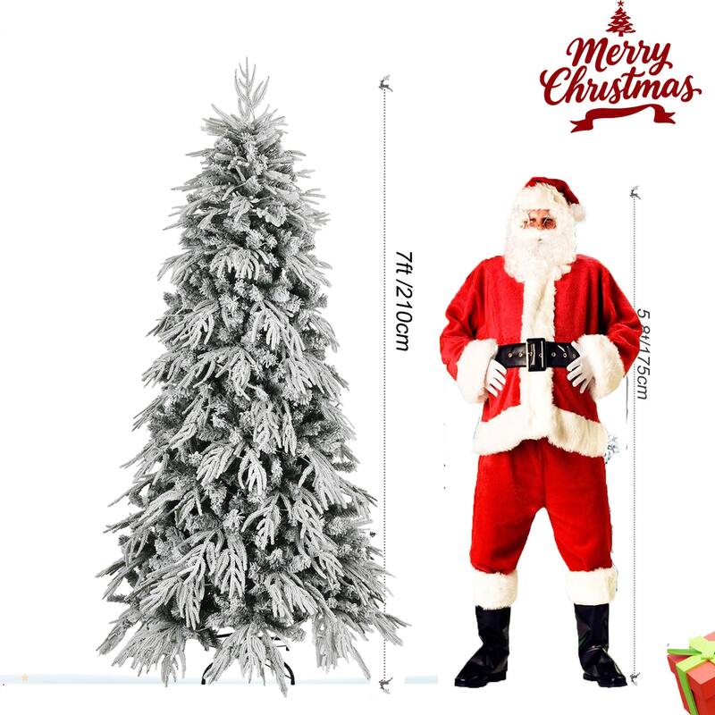 7ft/8ft Slim Flocked Pre-Lit Christmas Tree with 767/950 Tips and 250/350 Warm LED Lights, Metal Stand