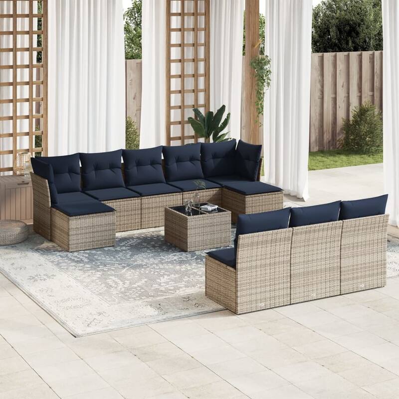 vidaXL 10/11 Piece Patio Sofa Set with Cushions Black/Brown/Gray Poly Rattan - 21.7 x 24.4 x 27.2 - Beige and gray With table