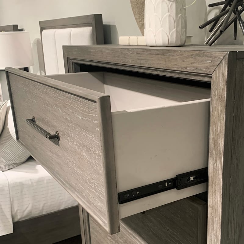 Roundhill Furniture Ennesley Gray Wood Bedroom Set with Upholstered Panel Bed, Dresser, Mirror, and Nightstand