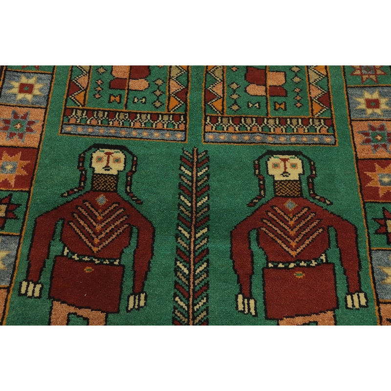 Hand-knotted Traditional Wool Green Geometric Oriental Area Rug - 10' 1'' X 4' 1''
