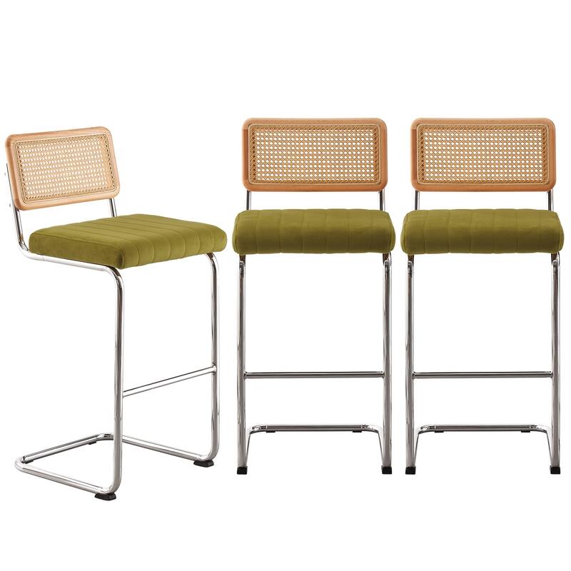 Velvet Upholstered Rattan Counter/Bar Stools, Set of 2/3 - Set of 3 - 30"Silver Legs-Olive Green