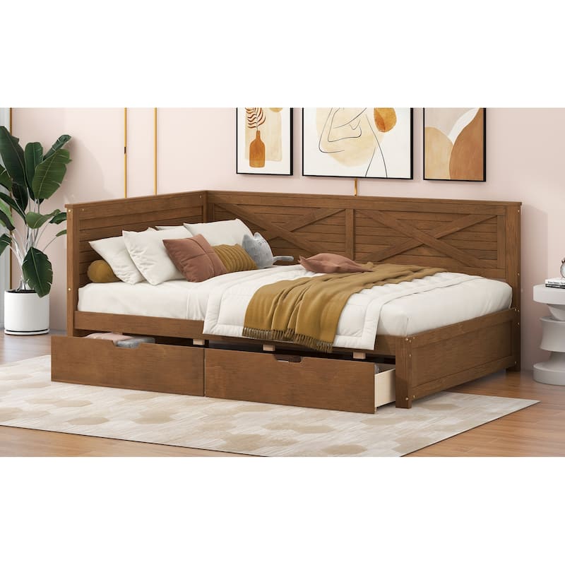 Twin Size Wood Daybed with 2 Drawers and Rustic Guardrail