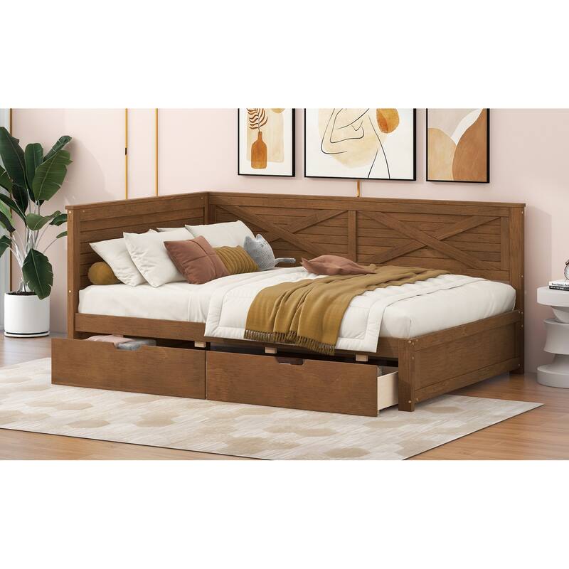 Twin Wood Daybed with 2 Storage Drawers and X-Pattern Guardrail - No Box Spring Required, Ideal for Small Spaces