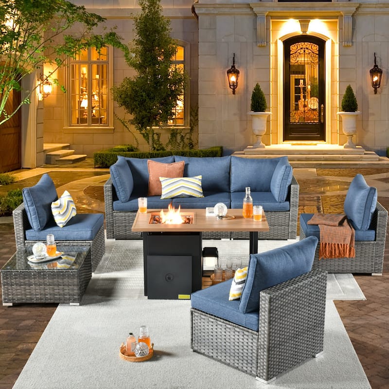 XIZZI 8-piece Outdoor Furniture Patio Wicker Sofa Set with Fire Pit - Denim Blue