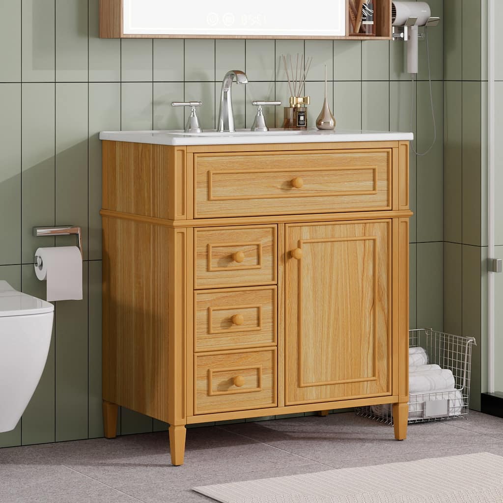 30" Bathroom Vanity with Ceramic Sink, Solid Pine Wood Frame Freestanding Vanity - 30inches