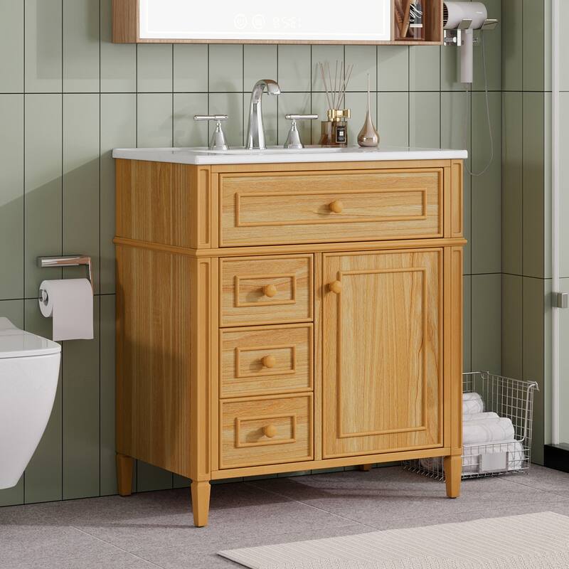 Roomfitters 30" Bathroom Vanity with Sink, Solid Wood Frame, Flip-Out Drawer, 2 Soft-Close Drawers & Door