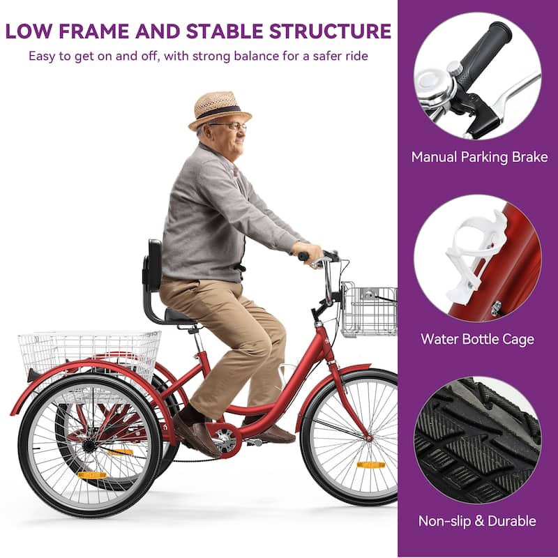 24"/26"Matte Red Adult Tricycle 3 Wheel Bikes 1 Speed Trike Bike